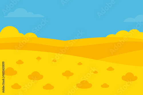 Stylized desert landscape with rolling hills and sparse vegetation under a blue sky