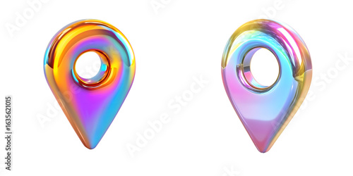 3D map pin icon with a smooth iridescent surface, reflecting vibrant holographic colors in a modern design isolated on a transparent background