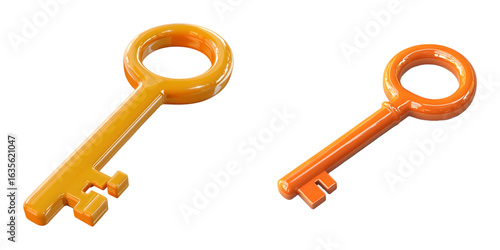 3D orange cartoon key with a simple round design, featuring a fun and playful look. isolated on a transparent background