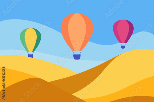 Three colorful hot air balloons float over rolling desert dunes under a blue sky