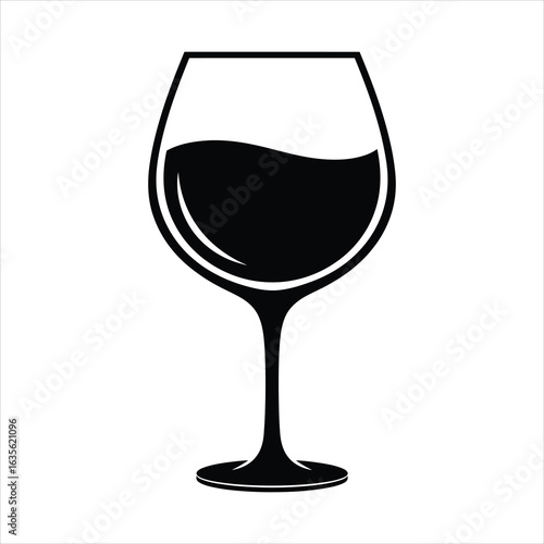 Black silhouette of a wine glass filled with dark liquid on white background black and white drink