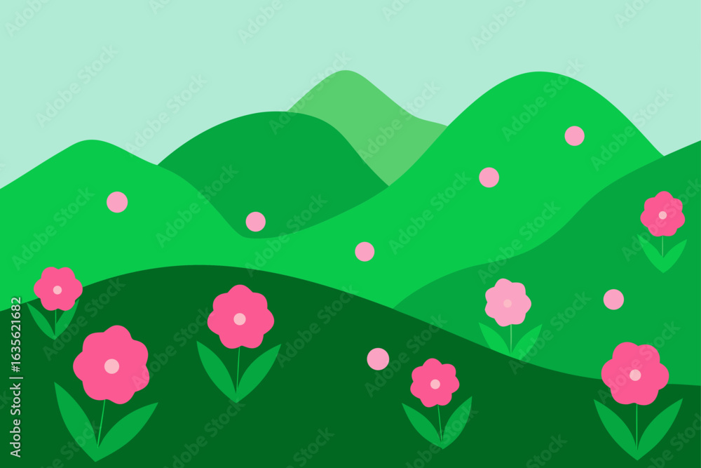 Obraz premium Rolling green hills with pink flowers and circles