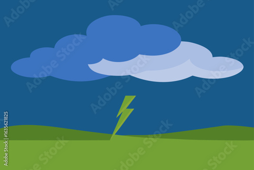 Stormy weather with lightning striking a green landscape