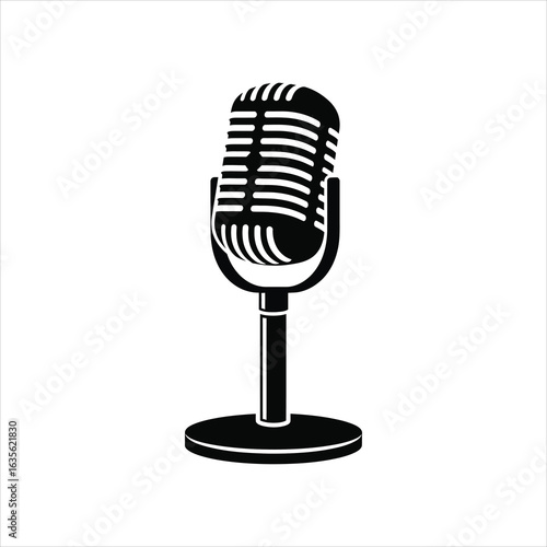 Black vintage microphone on a white background with a simple design retro audio
