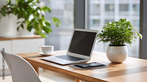 Wallpaper Mural Modern Workspace Featuring Laptop, Coffee and Potted Plant on a Bright Desk with Urban View Torontodigital.ca