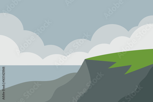 Flat design cliff overlooking the ocean under a cloudy sky