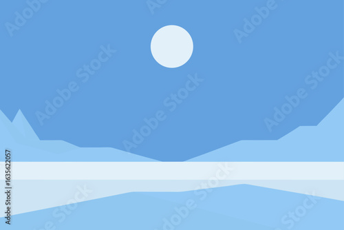 Minimalist landscape with sun and mountains