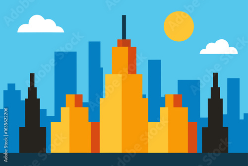 Stylized cityscape with tall buildings under a bright sun