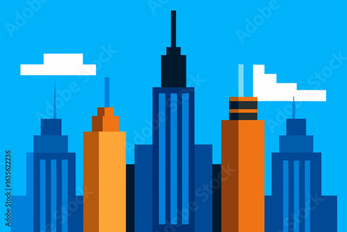 Stylized cityscape with tall buildings and clouds under a blue sky