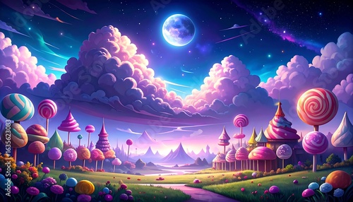 A candy-colored fantasy landscape under a night sky.