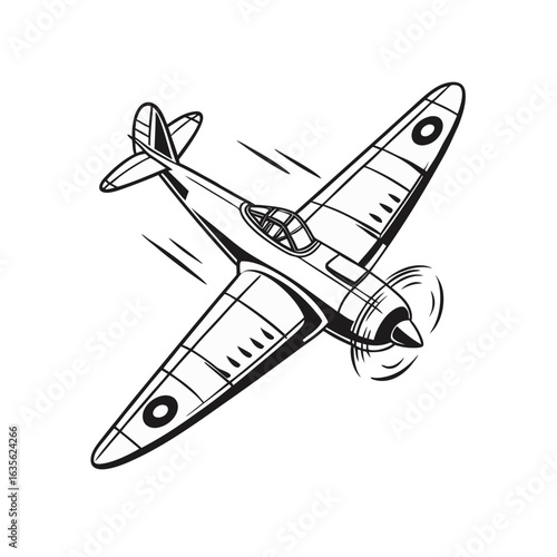 Принти на полотні Vintage Propeller Fighter Plane — Black and White Line Art Vector Illustration