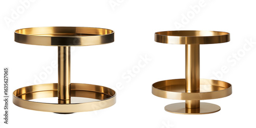A two-tier gold pedestal stand designed for product display, featuring a sleek and modern finish isolated on a transparent background