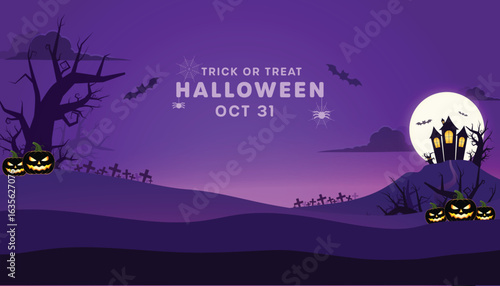 Halloween party invitation banner with a spooky landscape background. Vector graphic featuring a haunted house, graveyard, pumpkins, and bats for the October 31st celebration.