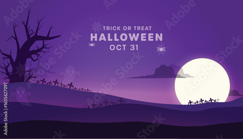 Halloween party invitation banner with a spooky landscape background. Vector graphic featuring a haunted house, graveyard, pumpkins, and bats for the October 31st celebration.
