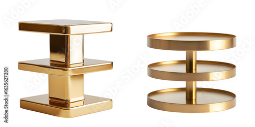 A two-tier gold pedestal stand designed for product display, featuring a sleek and modern finish isolated on a transparent background