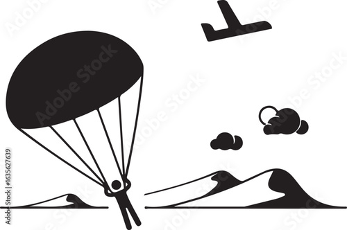 Vector art of skydiving adventure over desert with airplane isolated on white background