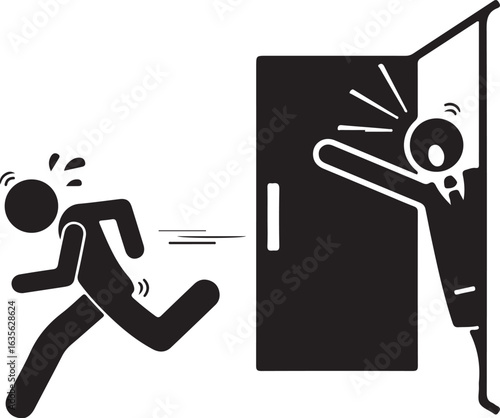 Vector art of stick figure running away from surprise isolated on white background