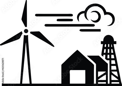 Sustainable Energy Silhouette: A stylized illustration showcases a wind turbine, home, and industrial tower against a backdrop of wind and clouds, representing a commitment to renewable energy.