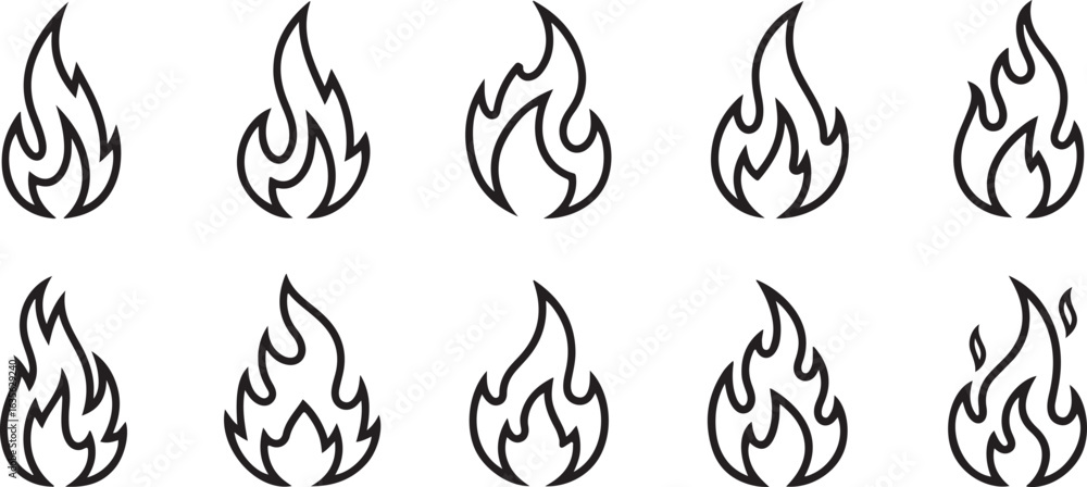 Fototapeta premium Flame icon set. Collection of fire symbols, vector design element.