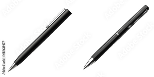 3D black modern ballpoint pen with sleek silver clip isolated on transparent background