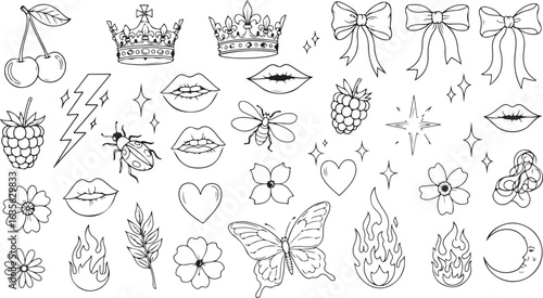 Tattoo flash sheet design elements vector illustration. Crowns, lips, fire, butterflies, hearts, flowers, and other sketches.