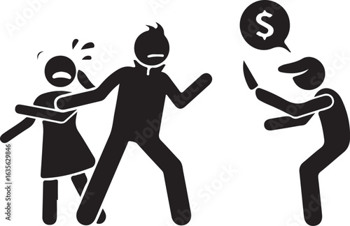 Vector art of extortion and robbery crime isolated on white background, thief threatening victim