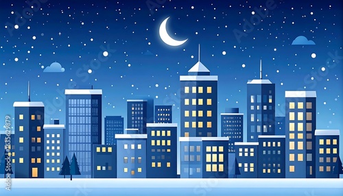 City skyline at night under a starry sky with snow.