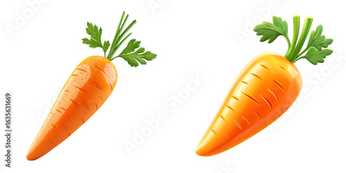 3D cartoon style carrot with bright orange color green leaves isolated transparent background