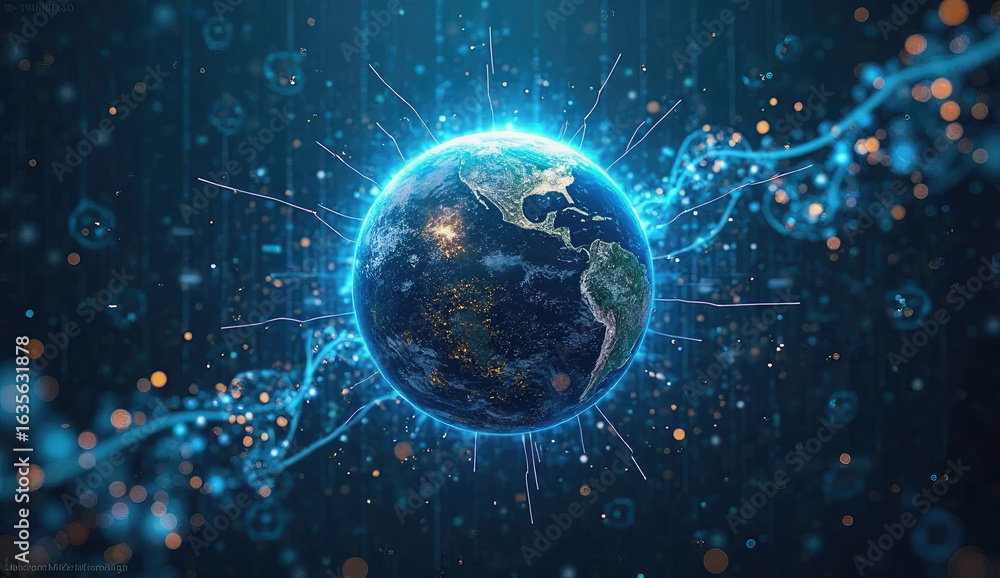Obraz premium “Digital art showing the Earth with stock market charts overlaid, global financial connection lines, abstract blue tones”
