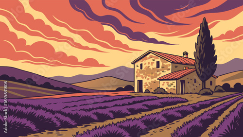 Lavender field landscape painting with farmhouse and cypress tree at sunset in provence france art