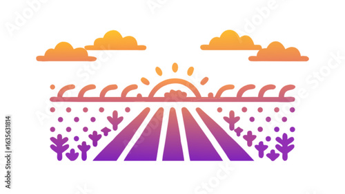 Sunset farm landscape vector illustration agriculture field crop plants rural scene nature design sunrise view