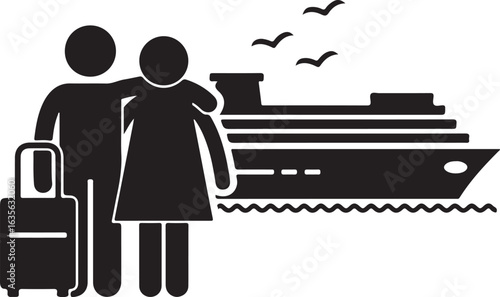 Vector art of couple with luggage waiting for cruise ship isolated on white background