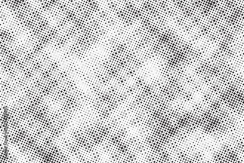 Grunge halftone gradient background. Faded grit noise texture. White and black sand wallpaper. Retro pixelated backdrop. Anime or manga style comic overlay. Vector graphic design textured template