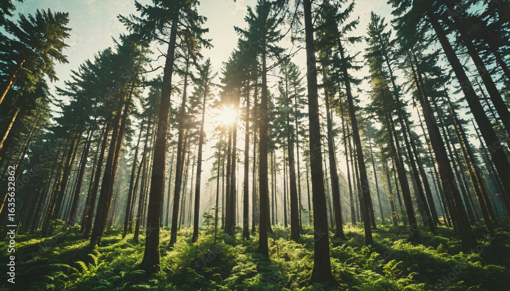 Fototapeta premium Le soleil se lève dans la forêt