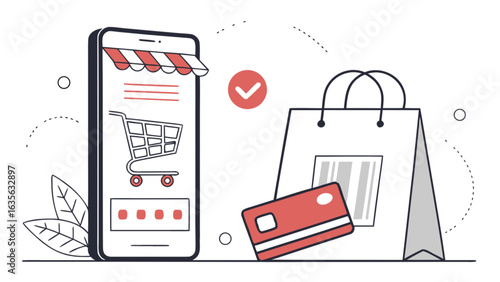 Online shopping app on mobile phone with shopping bag and credit card for ecommerce and retail purchase