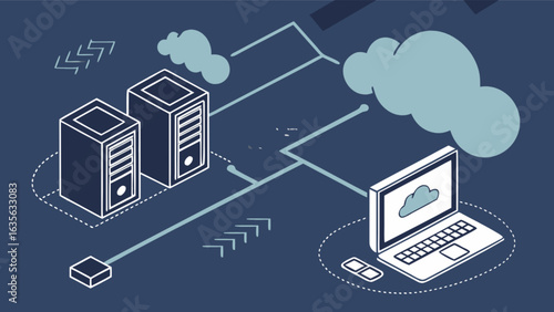 Cloud computing network diagram showing data servers laptop and cloud storage solutions for business needs