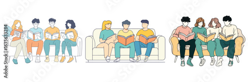 variation set of friends sitting on sofa chatting and relaxing illustration