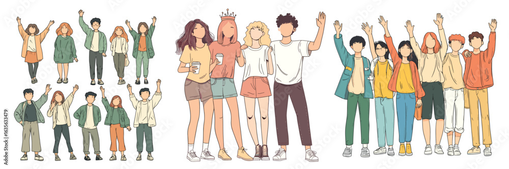Obraz premium variation set of happy people celebrating with hands up illustration