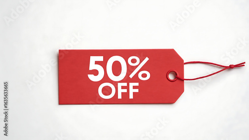 Bright red sale tag announcing fifty percent off promotion against a clean white background with tied string