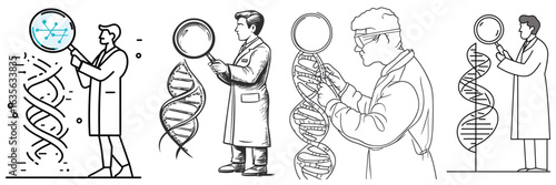 variation set of scientists researching DNA structure sketch illustration