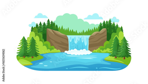 Beautiful cartoon waterfall landscape vector illustration with trees and nature scenery design art vector