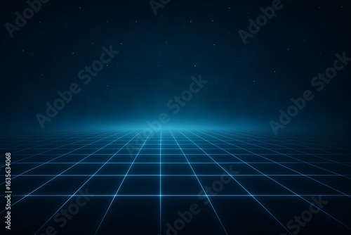 Abstract blue digital grid perspective with glowing lines and stars on a dark background