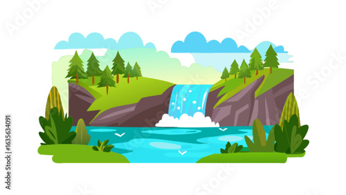 Beautiful waterfall landscape scene illustration vector design nature background travel destination scenic view