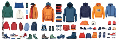 variation set of winter and casual clothing items for fashion design and e-commerce display