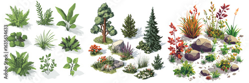 variation set of plants and trees for garden and landscape design illustration