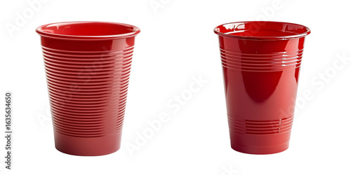 Red plastic cup ribbed design ideal serving drinks parties picnics gatherings isolated transparent background