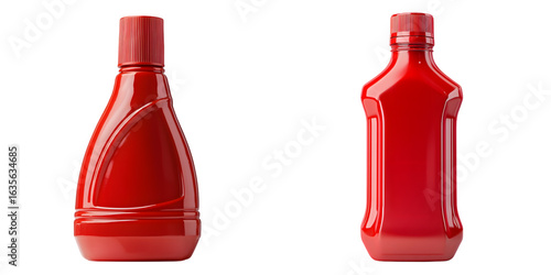 Red plastic ketchup bottle no label featuring squeeze tip easy dispensing isolated transparent background