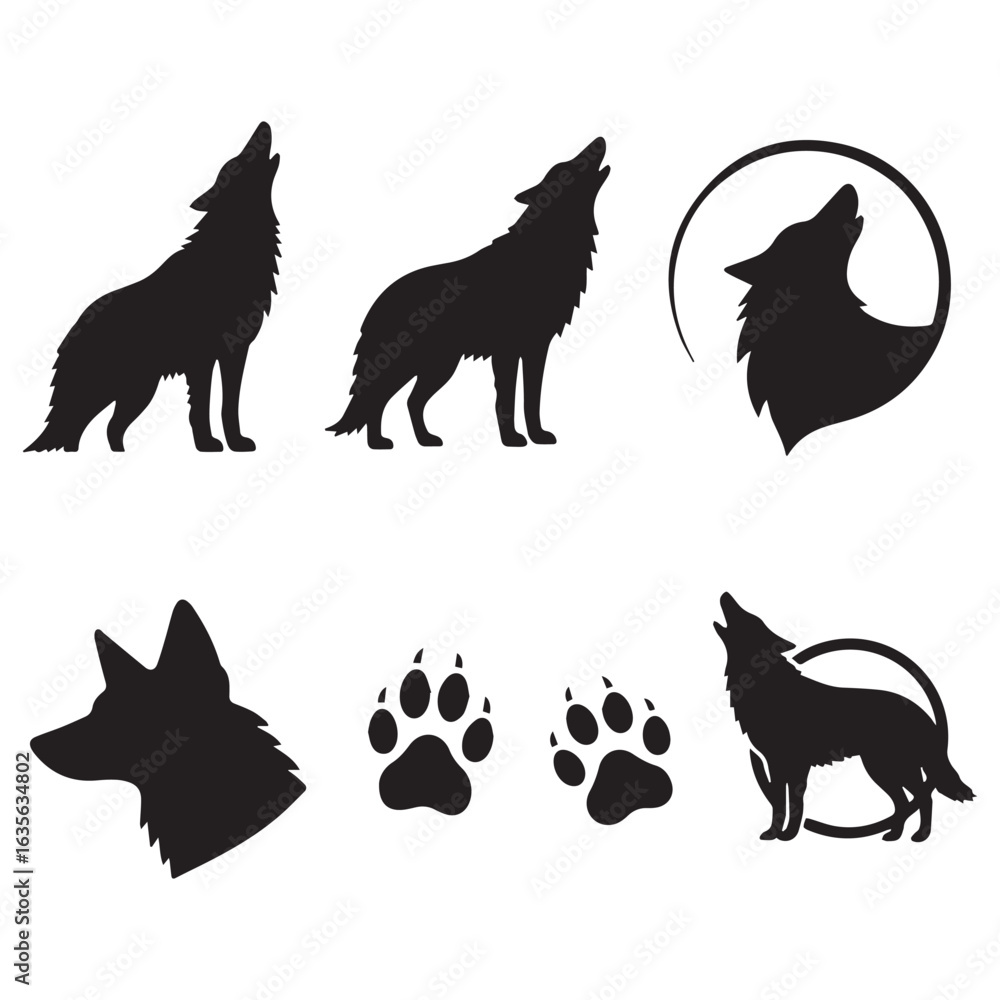 Obraz premium A collection of black and white wolf silhouettes icon on white background.