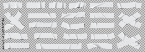 Realistic white adhesive tape pieces set. Sticky scotch tape pieces isolated on checkered background. Torn sticky pieces. Duct tapes collection. Vector illustration.