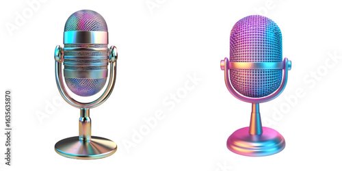 Retro-style holographic 3D microphone icon striking iridescent finish capturing essence isolated transparent background